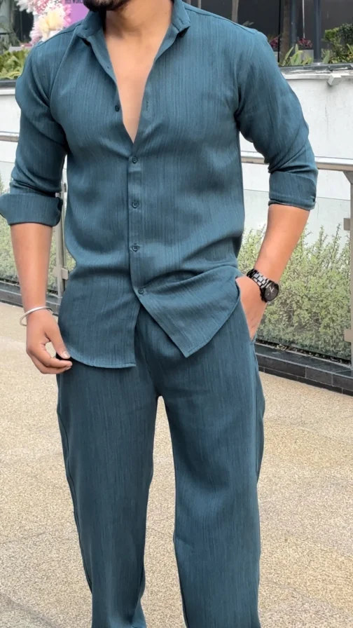 UA Pure Linen Blended Full Sleeve Shirt Co-Ord set - Teal - Image 2