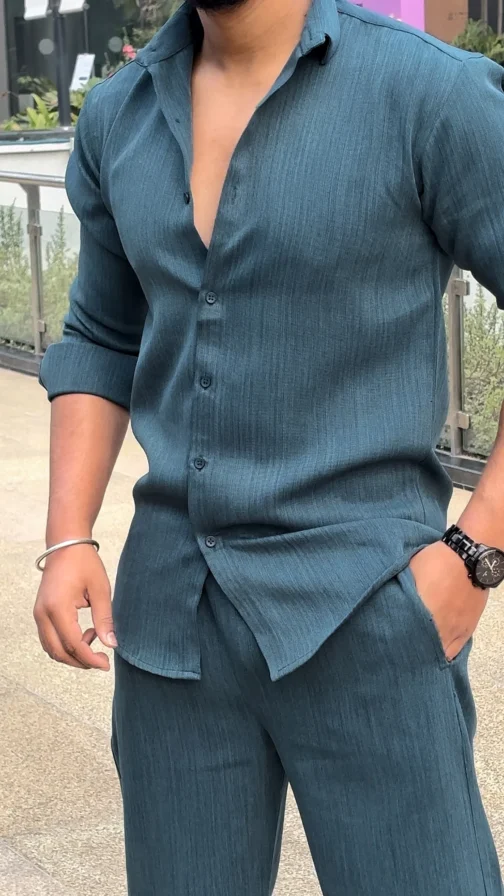 UA Pure Linen Blended Full Sleeve Shirt Co-Ord set - Teal - Image 3
