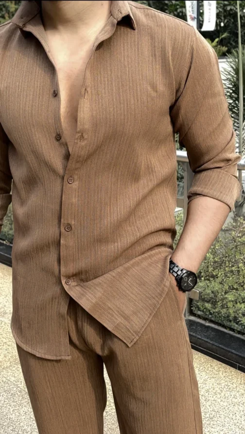 UA Pure Linen Blended Full Sleeve Shirt Co-Ord set - Brown - Image 2