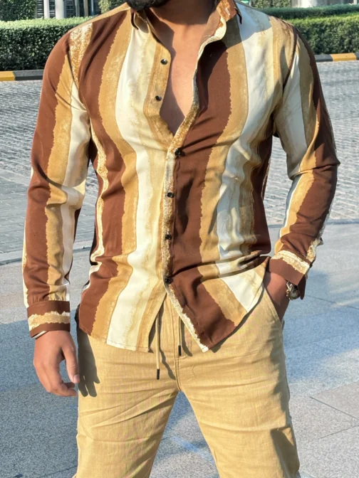 UA Dusty Brown Striped with Swarovski Regular Fit Casual Shirt