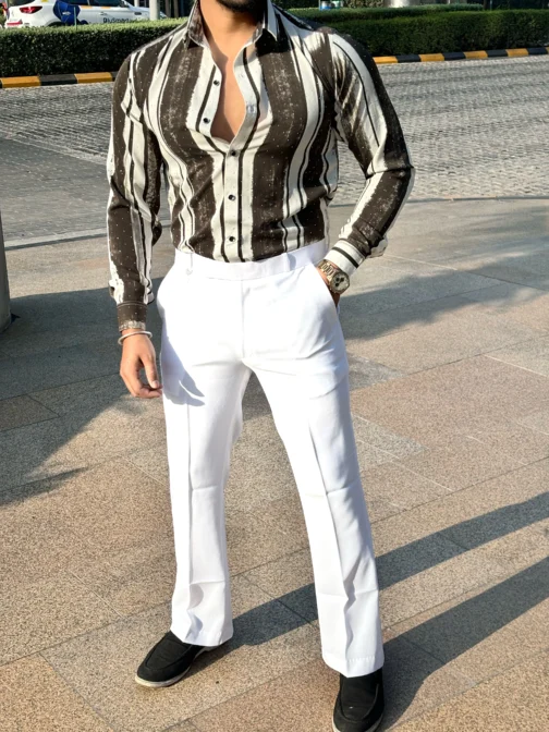 UA Olive and White Striped with Swarovski Regular fit Party Shirt - Image 2