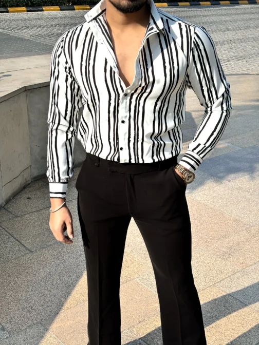 UA White and Black Striped Regular Fit Casual Shirt - Image 2
