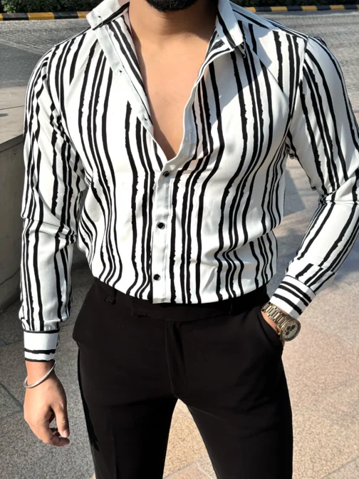 UA White and Black Striped Regular Fit Casual Shirt