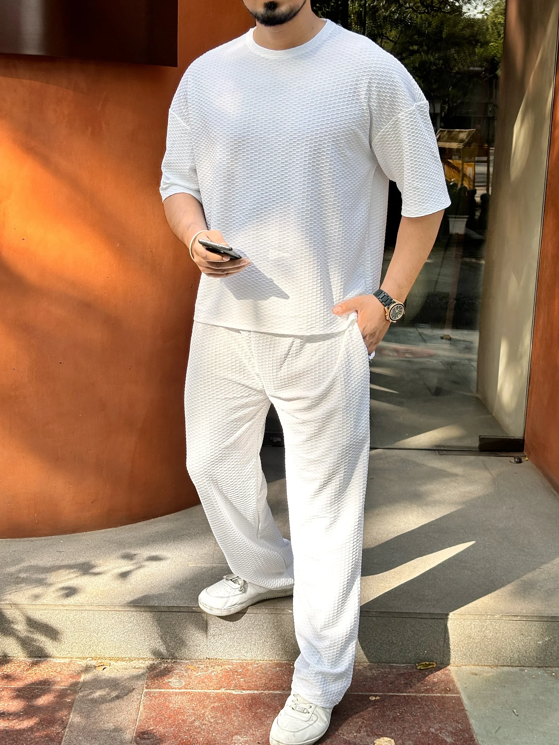 UA OVERSIZED SOLID TEXTURED CO-ORD SET MEN - WHITE