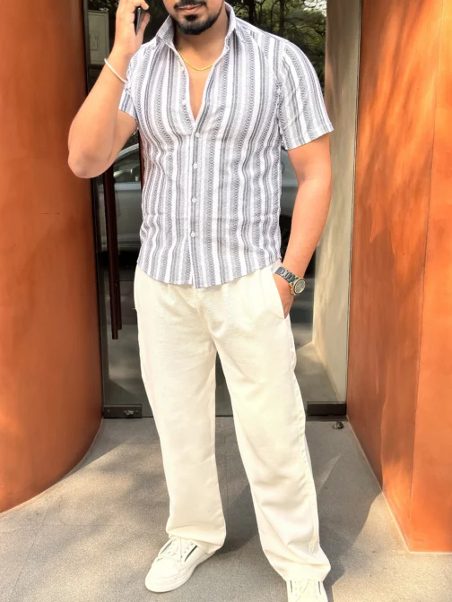 LINEN SHIRT TEXTURED STRIPE GREY - Image 2