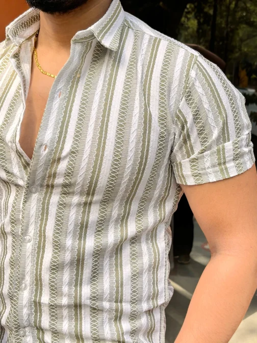 LINEN SHIRT TEXTURED STRIPE OLIVE - Image 2