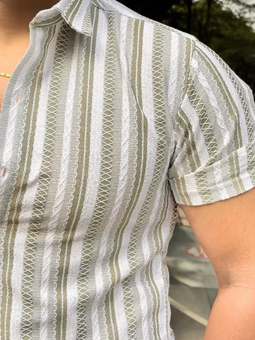 LINEN SHIRT TEXTURED STRIPE OLIVE - Image 3