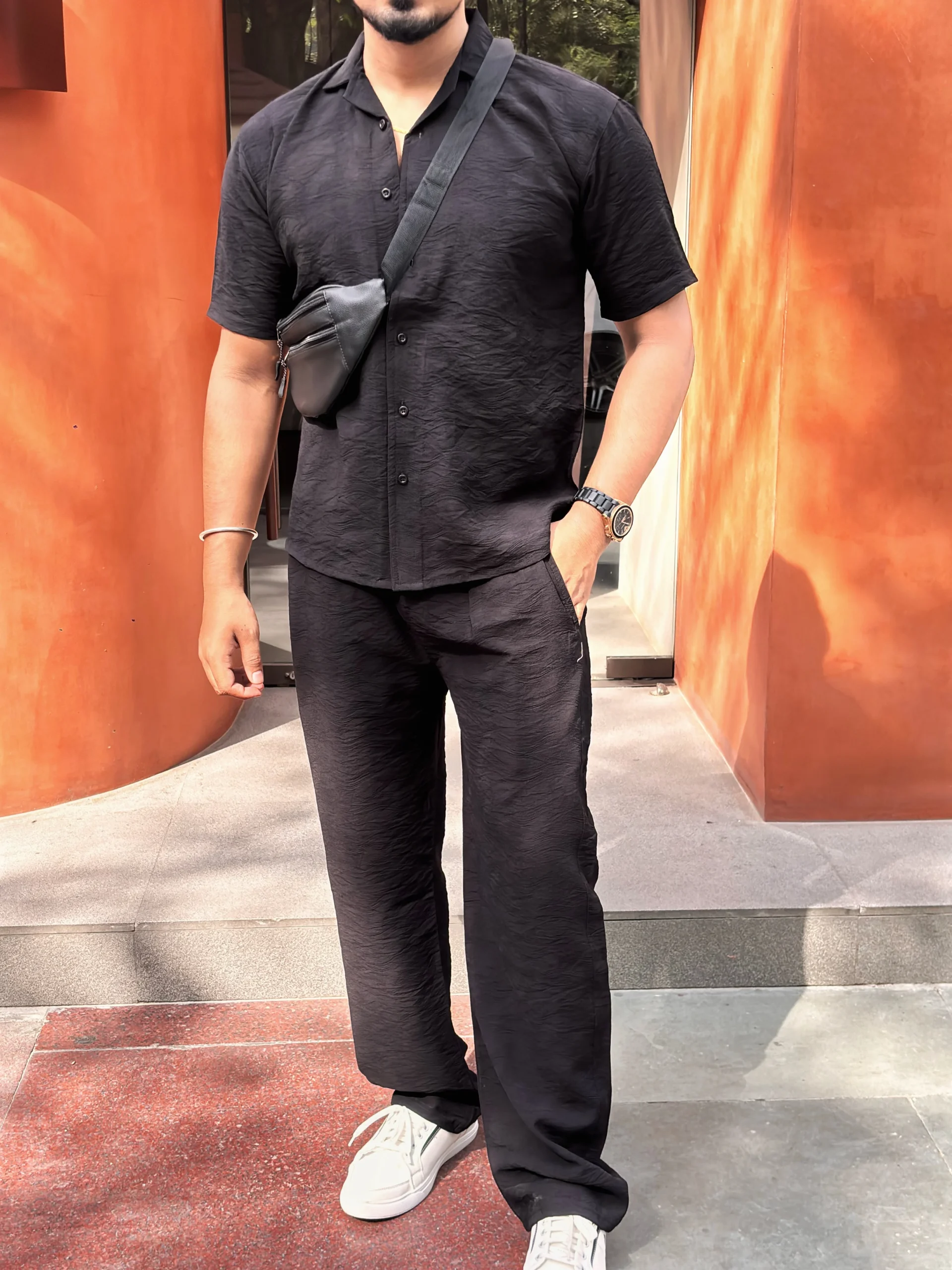 UA TOKYO SHIRT & PANTS LINEN TEXTURED CO-ORD SET MEN - BLACK