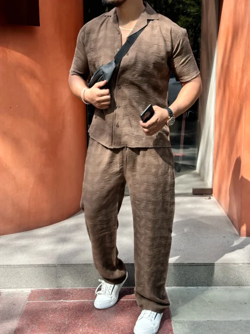 UA TOKYO SHIRT & PANTS  LINEN TEXTURED CO-ORD SET MEN - BROWN