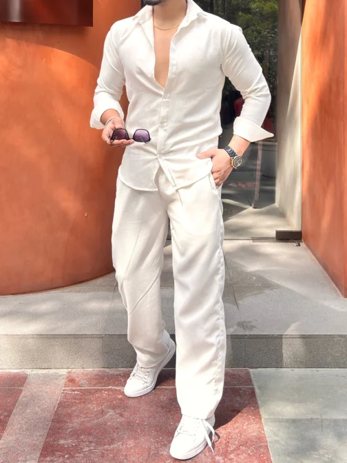 PARIS LINEN CO-ORD STRIPE SHIRT & WHITE PANT SET - WHITE