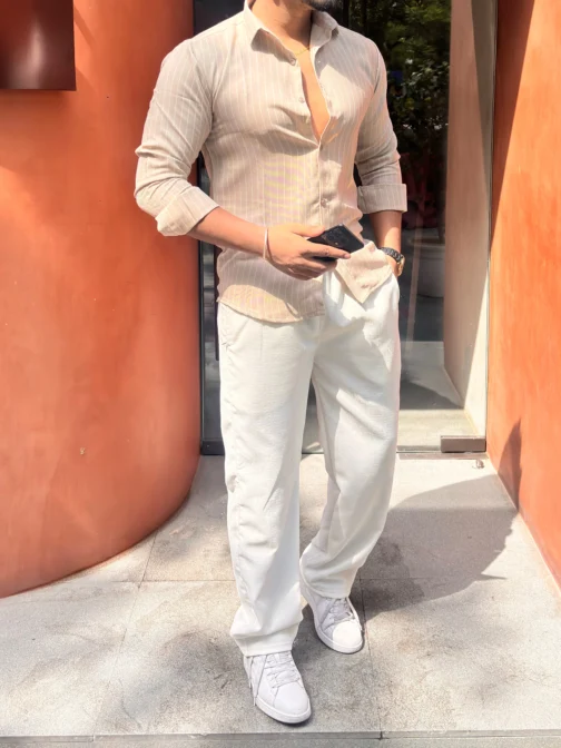 PARIS LINEN CO-ORD STRIPE SHIRT & WHITE PANT SET - BEIGE