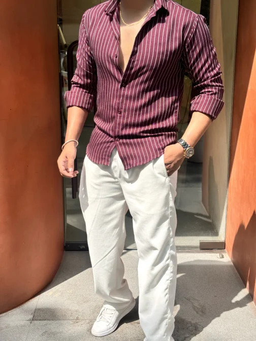 PARIS LINEN CO-ORD STRIPE SHIRT & WHITE PANT SET - WINE