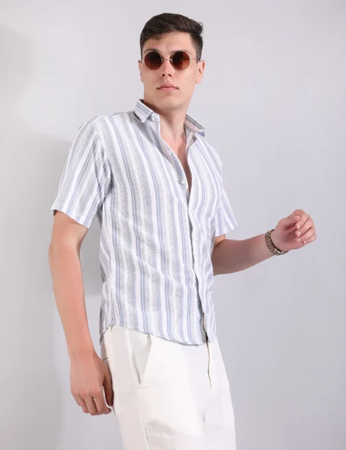 PRAGUE LINEN STRIPE SHIRT & PANTS CO-ORD - SKY BLUE - Image 2