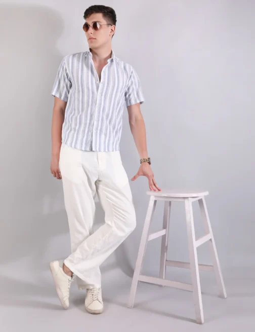 PRAGUE LINEN STRIPE SHIRT & PANTS CO-ORD - SKY BLUE - Image 3