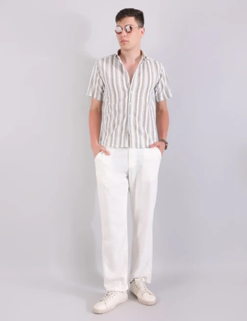 PRAGUE LINEN STRIPE SHIRT & PANTS CO-ORD - OLIVE - Image 2