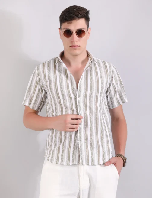 PRAGUE LINEN STRIPE SHIRT & PANTS CO-ORD - OLIVE - Image 3