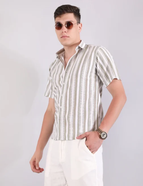 PRAGUE LINEN STRIPE SHIRT & PANTS CO-ORD - OLIVE - Image 4
