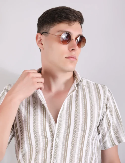 PRAGUE LINEN STRIPE SHIRT & PANTS CO-ORD - OLIVE - Image 5