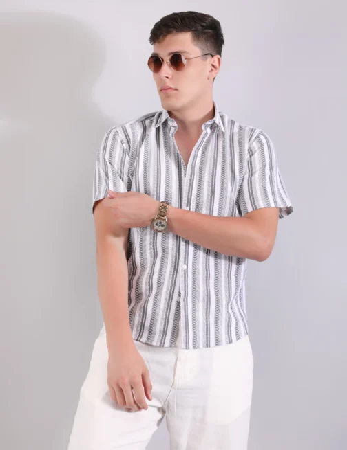 PRAGUE LINEN STRIPE SHIRT & PANTS CO-ORD - GREY - Image 4
