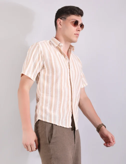 LINEN SHIRT TEXTURED STRIPE CORAL - Image 4