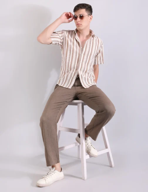 LINEN SHIRT TEXTURED STRIPE BROWN - Image 2