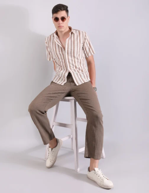LINEN SHIRT TEXTURED STRIPE BROWN
