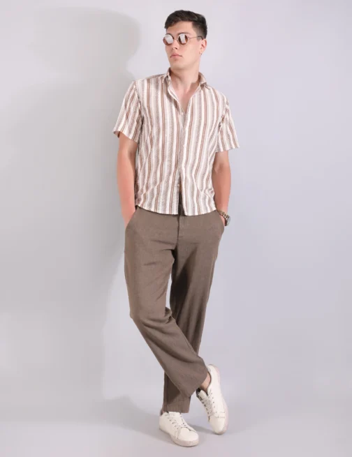LINEN SHIRT TEXTURED STRIPE BROWN - Image 3