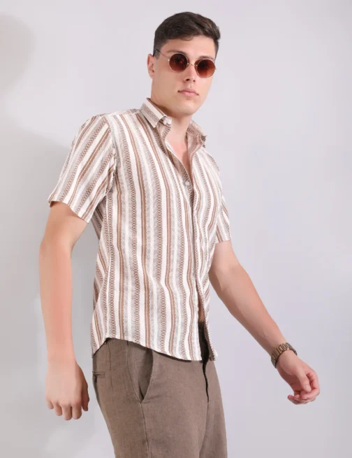LINEN SHIRT TEXTURED STRIPE BROWN - Image 4