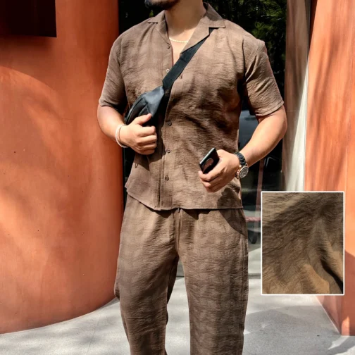UA TOKYO SHIRT & PANTS  LINEN TEXTURED CO-ORD SET MEN - BROWN - Image 5