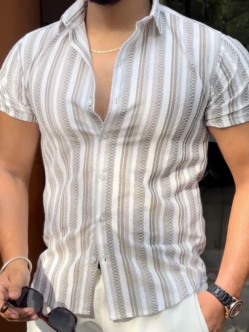 PRAGUE LINEN STRIPE SHIRT & PANTS CO-ORD - GREY - Image 3